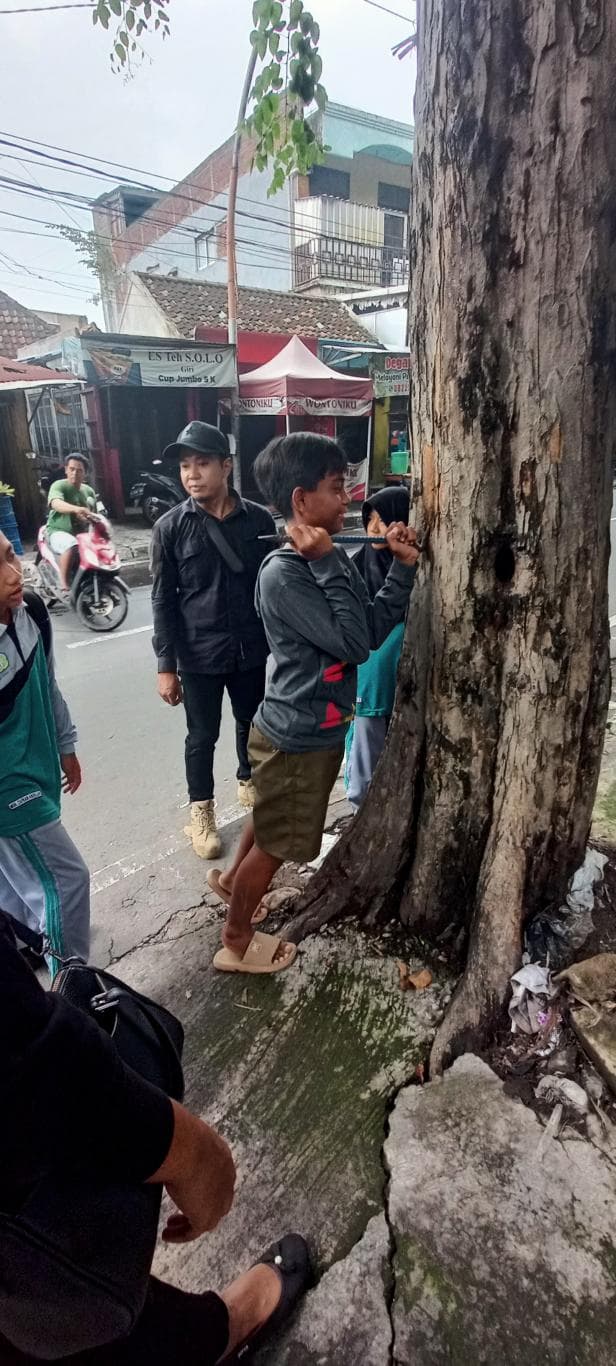 PEDULI LINGKUNGAN: Para siswa MTs Ma’arif Sidomukti mencabuti paku-paku dan logam yang tertancap di salah satu pohon yang tertanam di Jalan Sunan Giri, Kebomas kemarin (24/11).