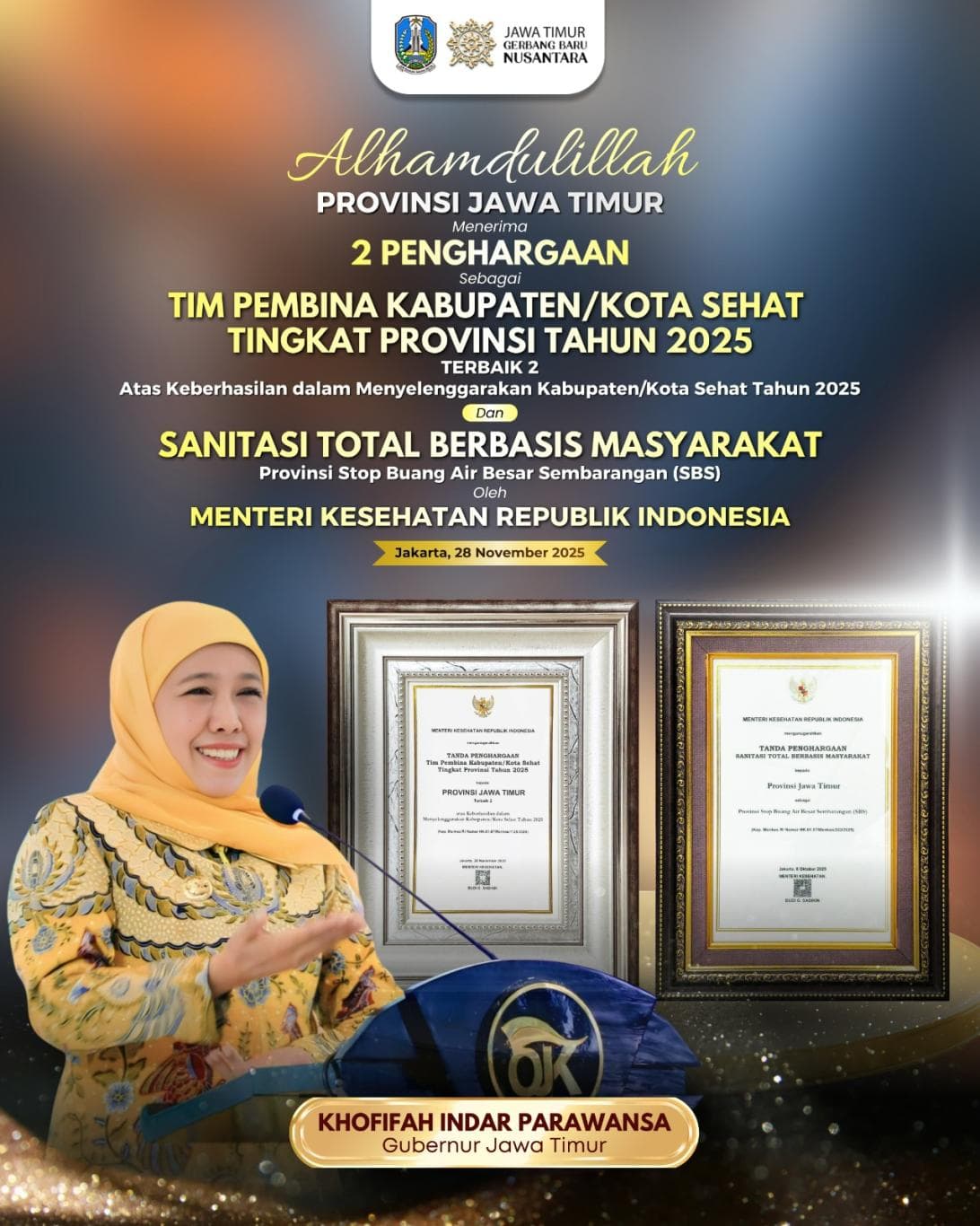 Pemprov Jatim Boyong Dua Penghargaan Dari Kemenkes, Gubernur Khofifah Tegaskan Komitmen Tingkatkan Kualitas Kesehatan Masyarakat Jawa Timur