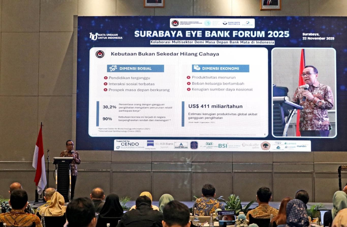 JAJAKI KERJA SAMA: Menko Bidang PMK Pratikno memaparkan pentingnya kolaborasi untuk mendukung keberadaan bank kornea.
