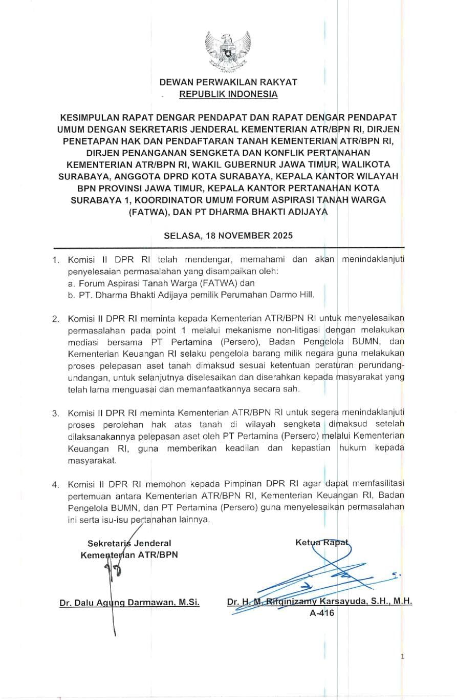RESMI: Kesimpulan rapat komisi II DPR mengenai pemblokiran tanah warga Surabaya.